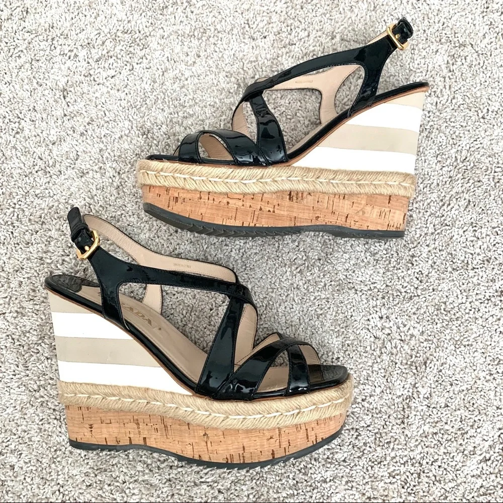 Prada Black Patent Leather Strappy Wedge Sandals